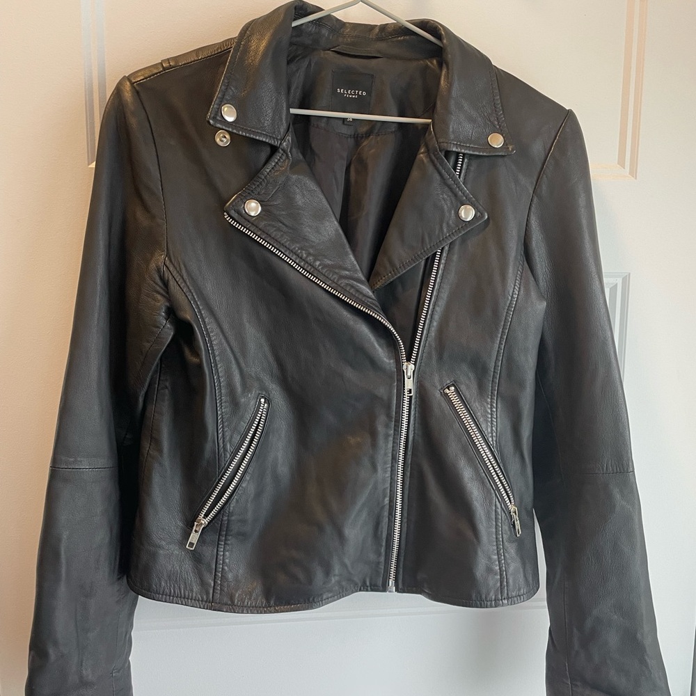 Black Leather Moto Jacket Asymmetrical Design
